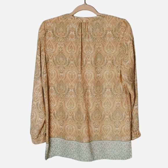 ROSE + OLIVE Womens Beige Tan S Tunic Top Long Sleeve Paisley Print Boho V-Neck - Picture 2 of 9